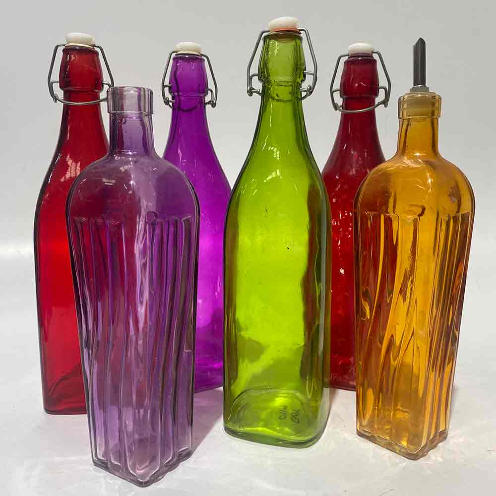 BOTTLE, Coloured Glass w Swing Top or Pourer - Assorted Colours